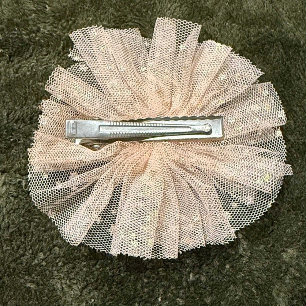 Sparkling Pink Tulle Hair Clip with Rhinestone Heart